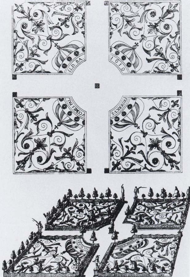 Plan and bird-s-eye view of the parterre de broderie at Heidelberg